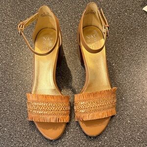 Naturalizer Women’s Tan Fringe Block Heeled Sandals - size 10